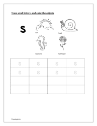 Trace and write the small letter s and color the objects