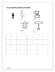 Trace and write the small letter t and color the objects