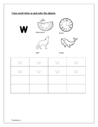 Trace and write the small letter w and color the objects