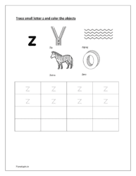 Trace and write the small letter z and color the objects
