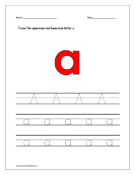 Trace the uppercase and lowercase letter a on four line worksheet