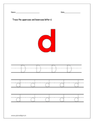 Trace the uppercase and lowercase letter d on four line worksheet