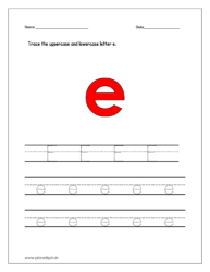 Trace the uppercase and lowercase letter e on four line worksheet