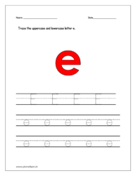 Tracing the uppercase and lowercase letter e on four line worksheets for preschool