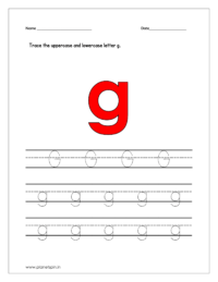 Trace the uppercase and lowercase letter g on four line worksheet
