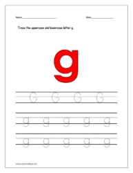 Trace the uppercase and lowercase letter g on four line worksheet