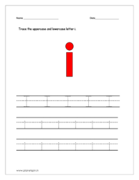 Trace the uppercase and lowercase letter i on four line worksheet