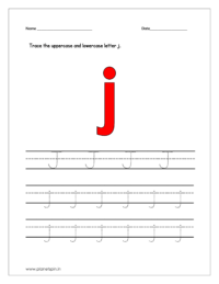 Trace the uppercase and lowercase letter j on four line worksheet