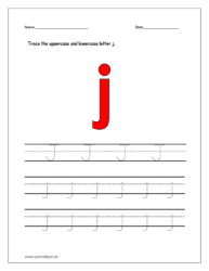 Trace the uppercase and lowercase letter j on four line worksheet