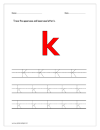 Trace the uppercase and lowercase letter k on four line worksheet
