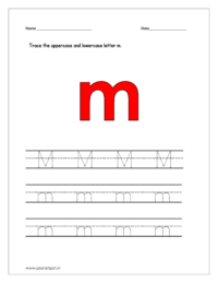 Trace the uppercase and lowercase letter m on four line worksheet