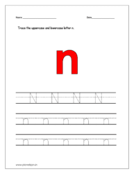 Tracing the uppercase and lowercase letter n on four line worksheets for preschool.