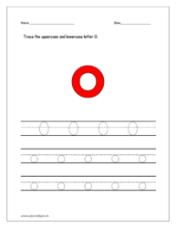 Trace the uppercase and lowercase letter O on four line worksheet.