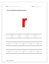 Trace the uppercase and lowercase letter r on four line worksheet.