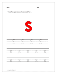 Trace the uppercase and lowercase letter s on four line worksheet.