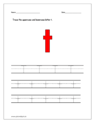 Trace the uppercase and lowercase letter t on four line worksheet.
