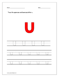 Trace the uppercase and lowercase letter u on four line worksheet.