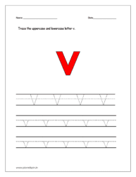 Trace the uppercase and lowercase letter v on four line worksheet.