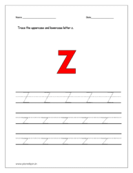 Trace the printable uppercase and lowercase letter z on four line worksheets  for preschool