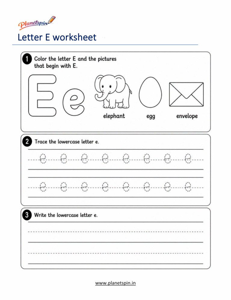 Lowercase e tracing worksheet for kindergarten (Printable PDF)