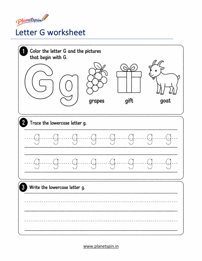 free printable lowercase letter g tracing worksheet