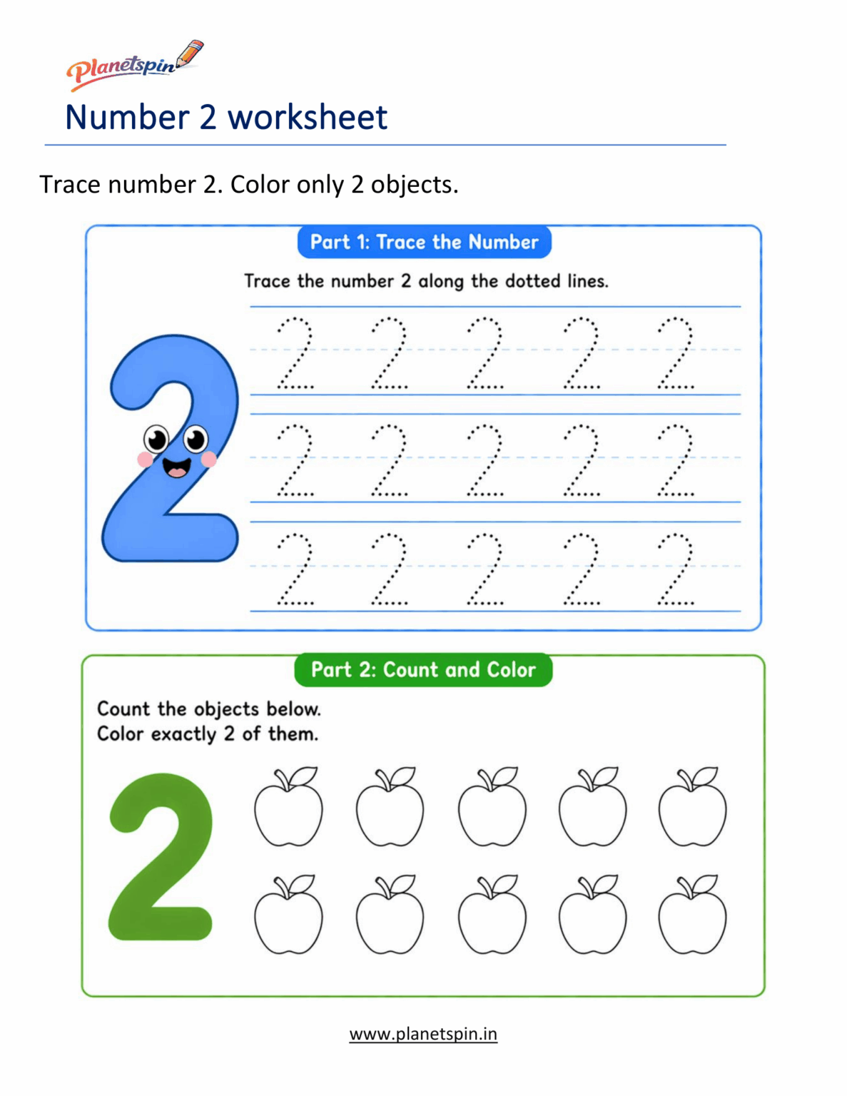 Tracing number 2 worksheet PDF - Free printable for kindergarten