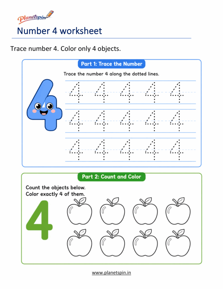 4 Worksheet Trace number 1 to 10 for Preschool (Printable PDF)