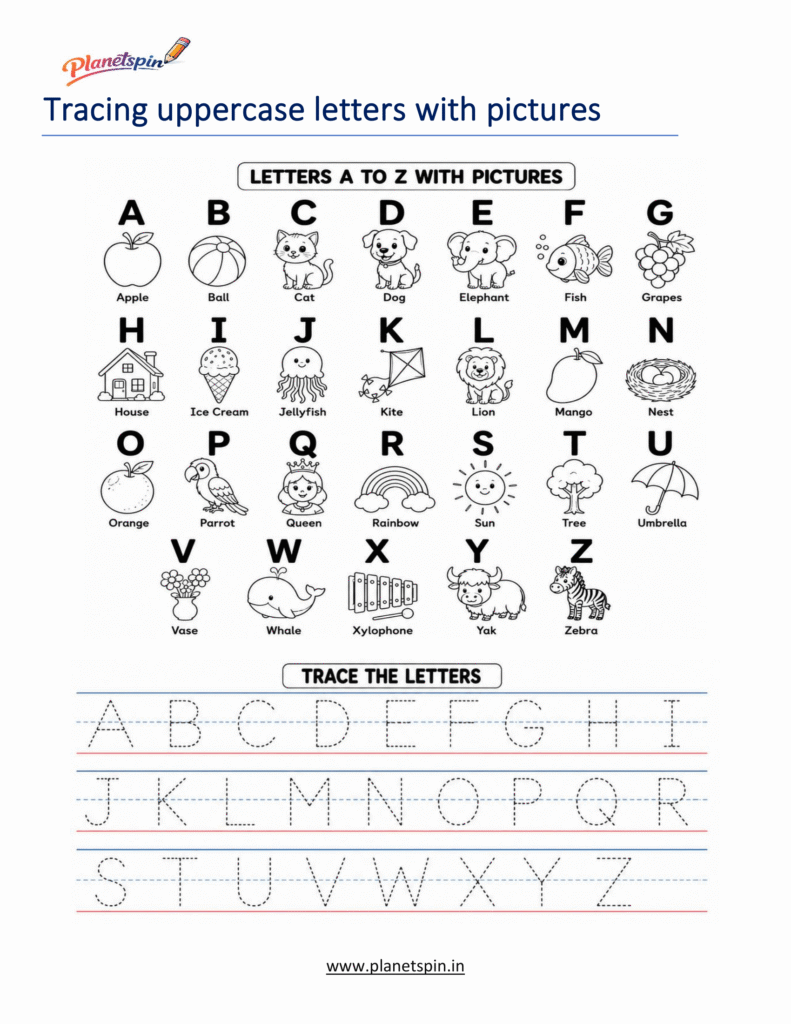 Trace Uppercase Letters A to Z worksheets