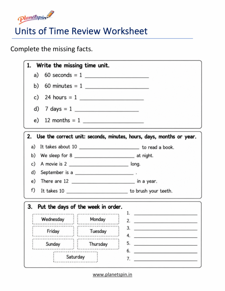 Unit of Time Worksheets for Grade 1