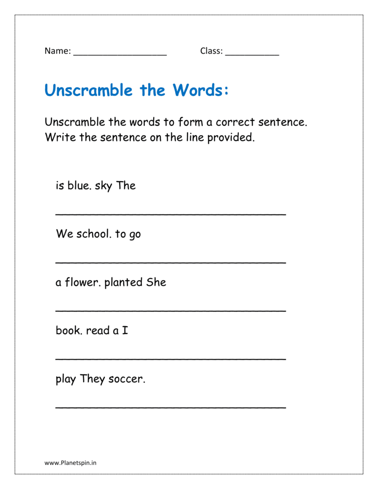 Unscramble sentences worksheet for grade 1 | Planetspin.in