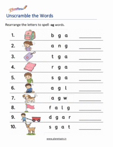 Unscramble -AG Word Family Words Worksheet