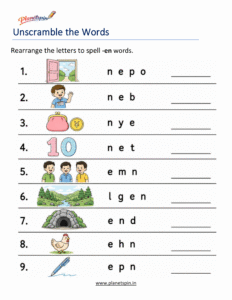 Unscramble -EN Word Family Words Worksheet