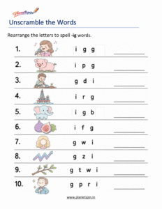 Unscramble -IG Word Family Words Worksheet