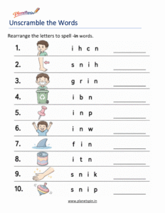 Unscramble -IN Word Family Words Worksheet