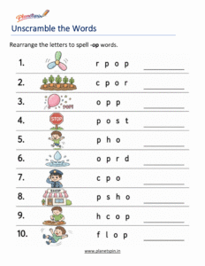 Unscramble -OP Word Family Words Worksheet
