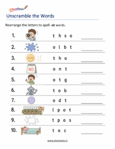 Unscramble -OT Word Family Words Worksheet