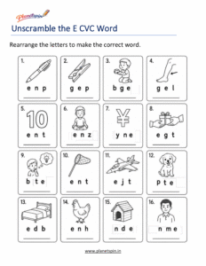 Unscramble Short E CVC Words Printable Worksheet