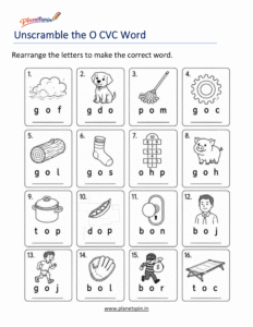 Unscramble Short O CVC Words Printable Worksheet