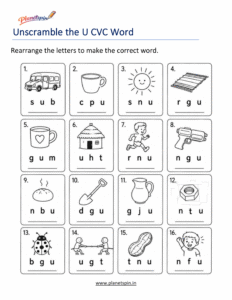 Unscramble Short U CVC Words Printable Worksheet