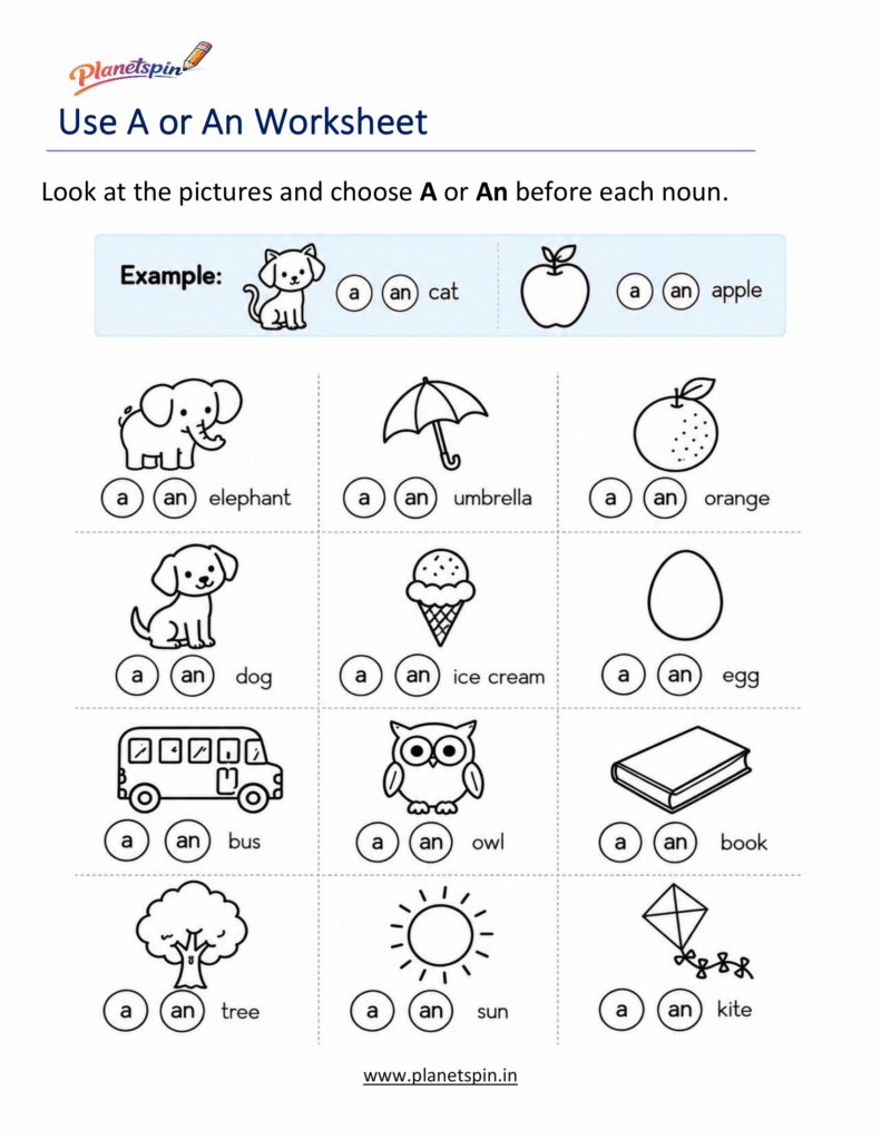 Articles A, An, The worksheets for Grade 1