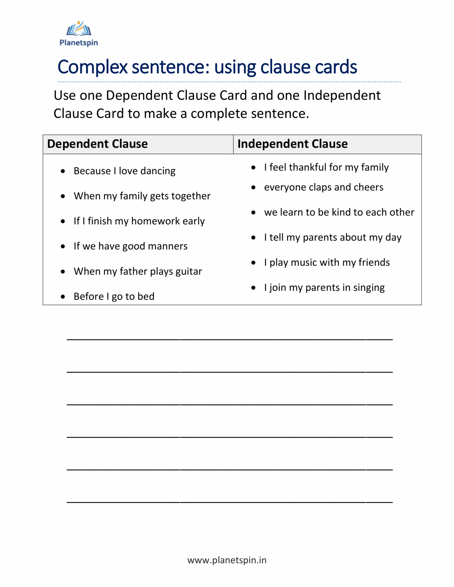 Complex sentences worksheet for grade 2 | Planetspin.in