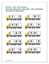 Before, after and between: Write the numbers what comes before, after and between the numbers in empty boxes 