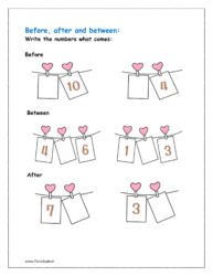 Write the numbers what comes before, after and between the numbers in the given class worksheet