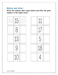 4 to 18: Write the numbers what comes before and after the given numbers in the empty boxes in the given class worksheet