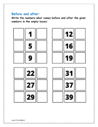 1 to 40: Write the numbers what comes before and after the given numbers in the empty boxes 