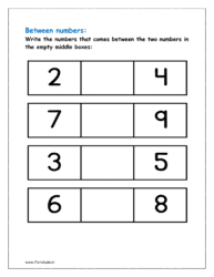 2 to 9: Write the numbers that comes between the two numbers in the empty middle boxes