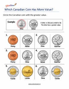 Circle the greater value Canadian coin worksheet for grade 1