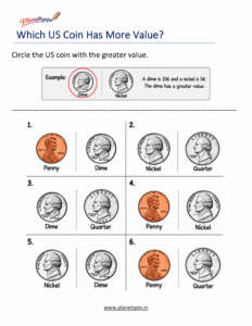 Circle the greater value US coin worksheet for grade 1