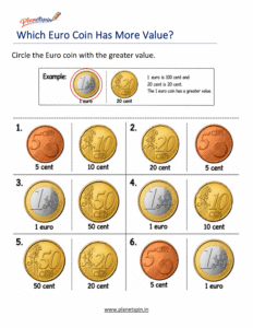 Circle the greater value Euro coin worksheet for grade 1