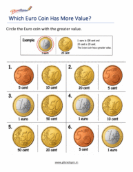 Identify Euro Coins Worksheets for Grade 1